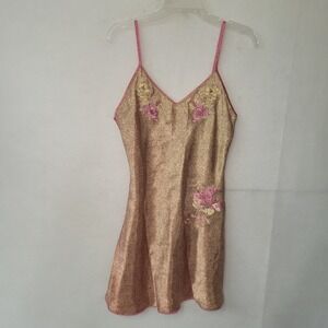 Sensara Women Nightgown Slip Dress Medium Pink Floral Embroidery Spaghetti Strap